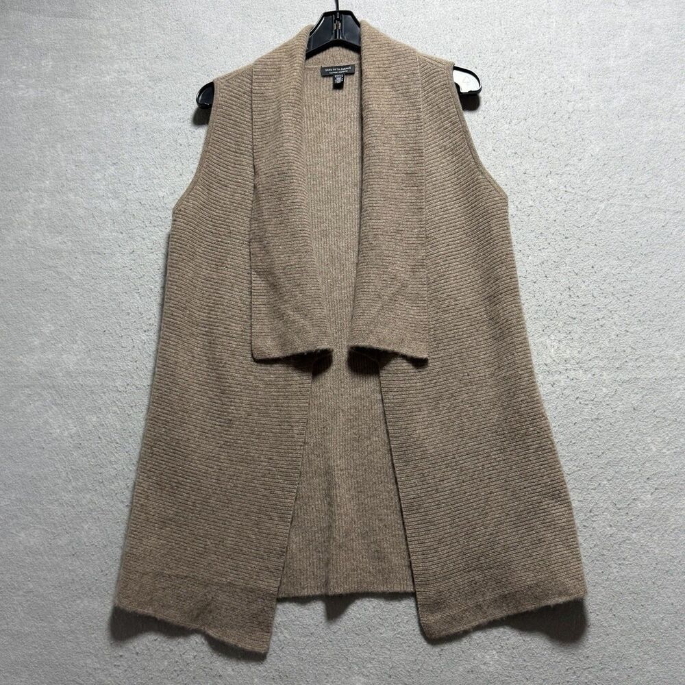 Saks Fifth Avenue Cardigan Vest Small Brown 100% Cashmere Ribbed Sleeveless